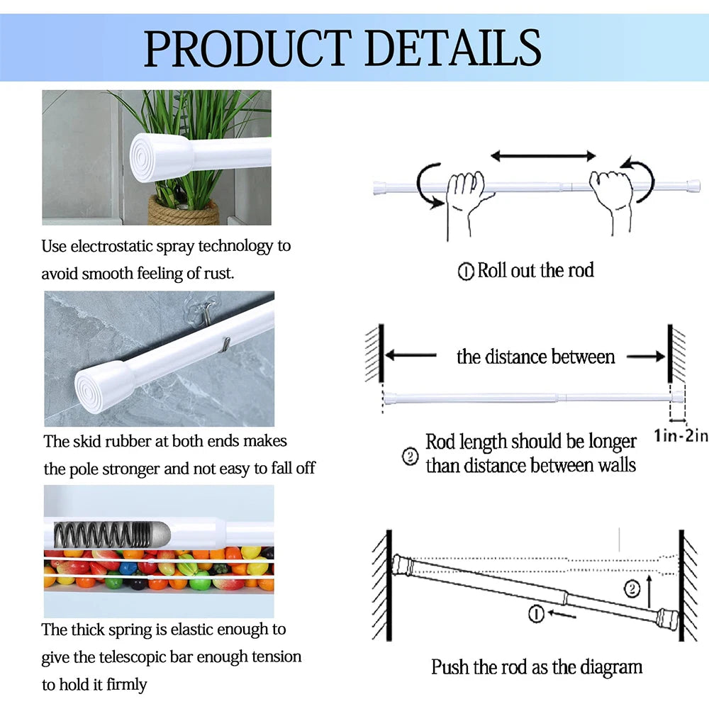 Tringle extensible à pression sans perçage en métal réglable pour rideau et placard