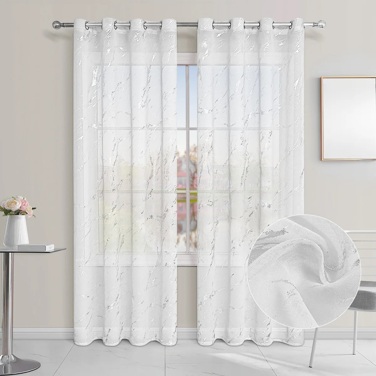 Rideaux voilage effet marbre semi-occultants pour salon et chambre (2 panneaux)