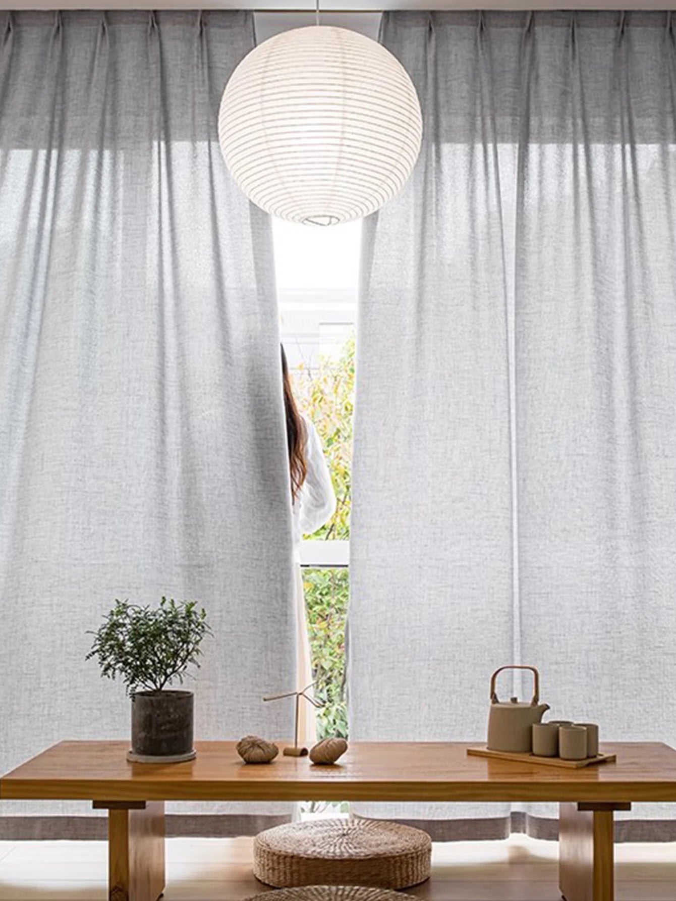 Rideau voilage gris effet lin semi-transparent pour salon et chambre