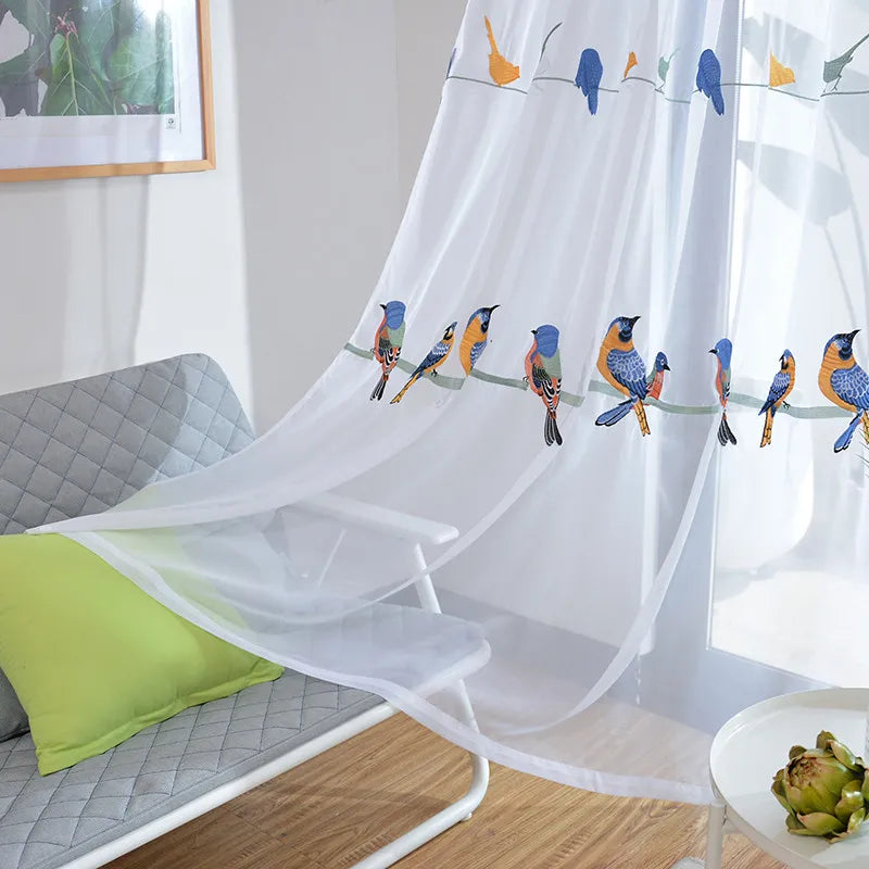 Rideau voilage oiseaux brodés tamisant polyester, largeur 100 à 139 cm