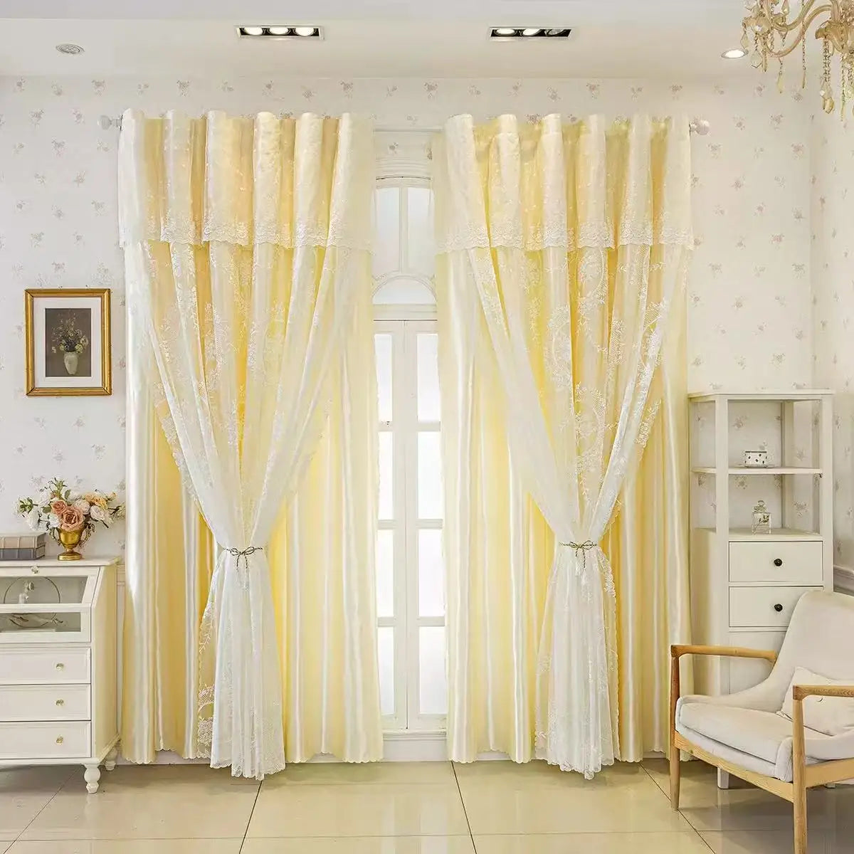 Rideau double voilage jaune moderne pour chambre et salon