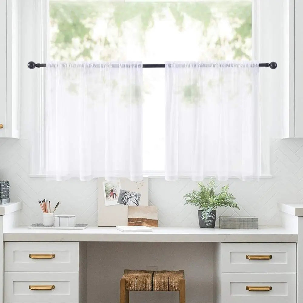 Petit rideau voilage court transparent uni pour cuisine et salle de bain (2 pièces)