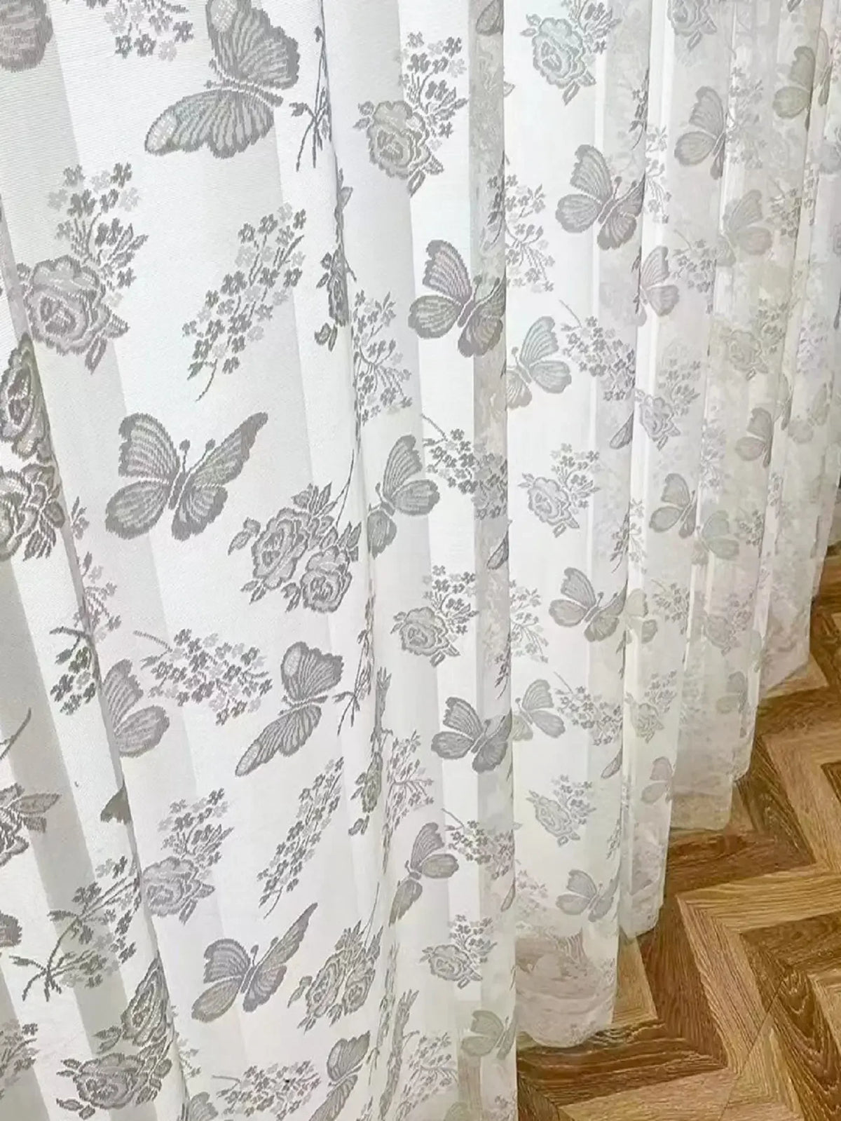 Rideau voilage blanc en coton motif papillon, largeur 100 à 139 cm