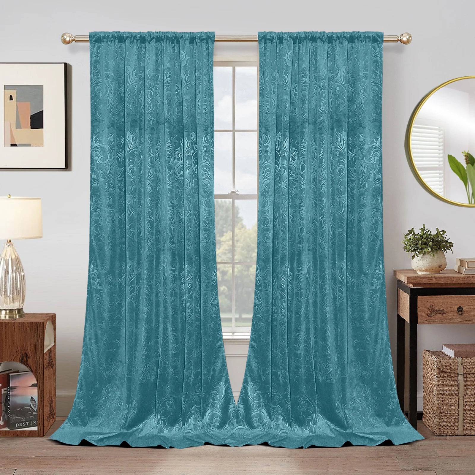 Rideaux occultants en velours à motifs floraux thermiques (2 panneaux)