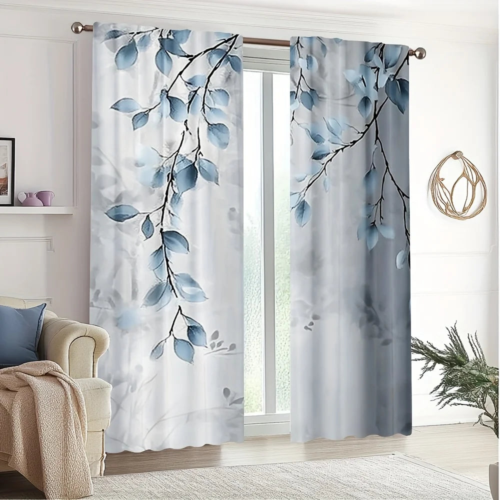 Rideaux bleus à motifs feuilles tamisant en polyester pour salon et chambre (2 pièces)