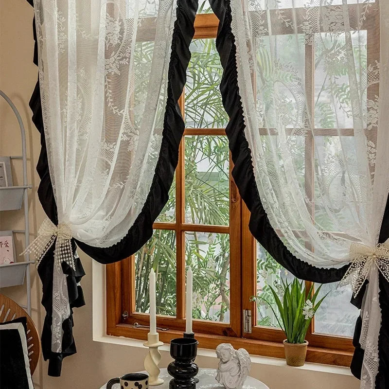 Rideau voilage blanc jacquard fleuri avec volants noirs pour salon et chambre (1 pièce)