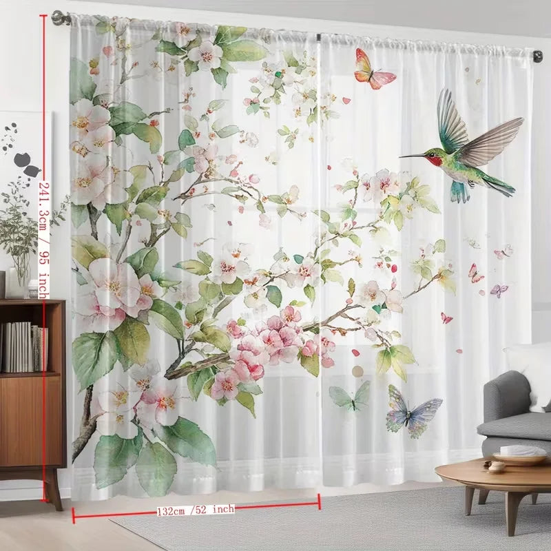 Rideaux voilage fleuris oiseaux translucides romantique pour salon