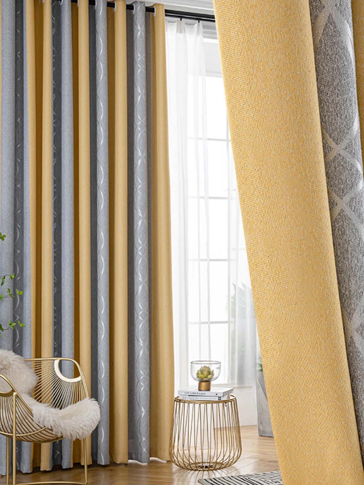 Rideaux jacquard rayés épais jaune et gris, pose à œillets