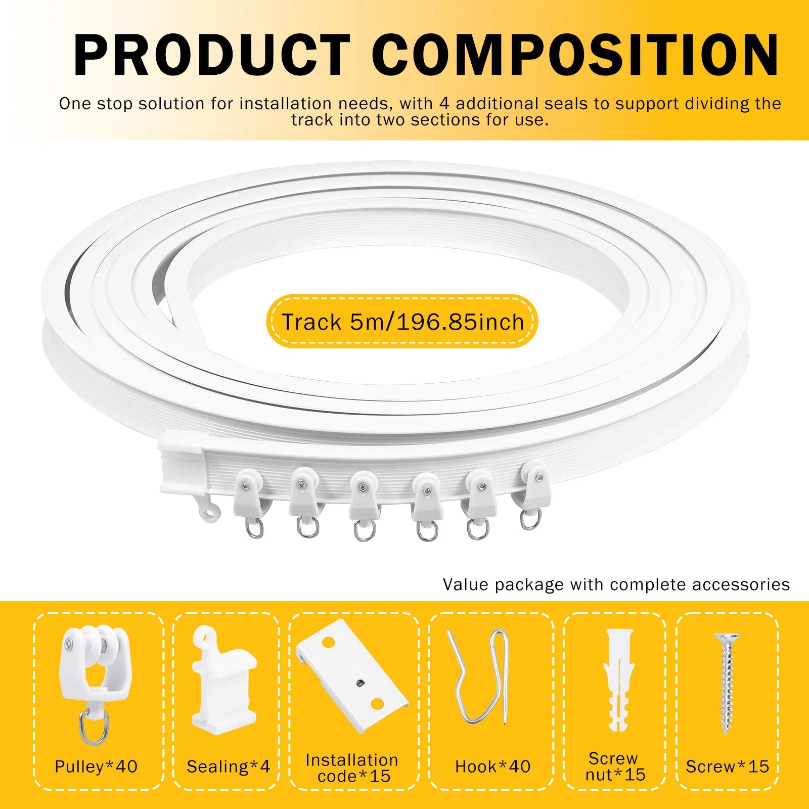 Rail de rideau flexible en PVC et acier pour plafond (5 mètres)
