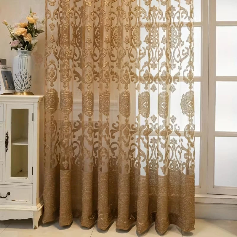 Rideau voilage jacquard doré en polyester pour salon et chambre