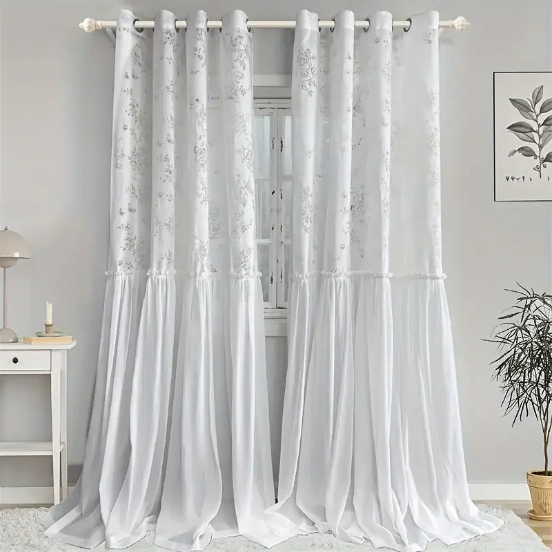 Rideaux voilage brodés motifs ronds dorés, blanc