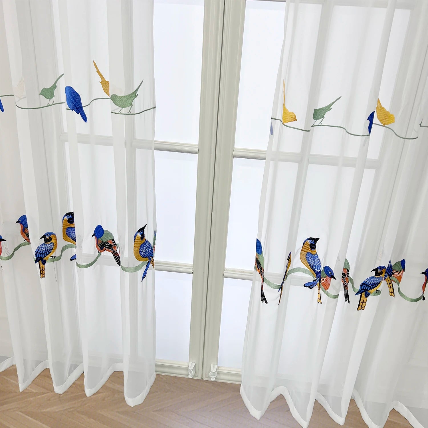 Rideau voilage oiseaux brodés tamisant polyester pour salon et chambre (1 pièce)