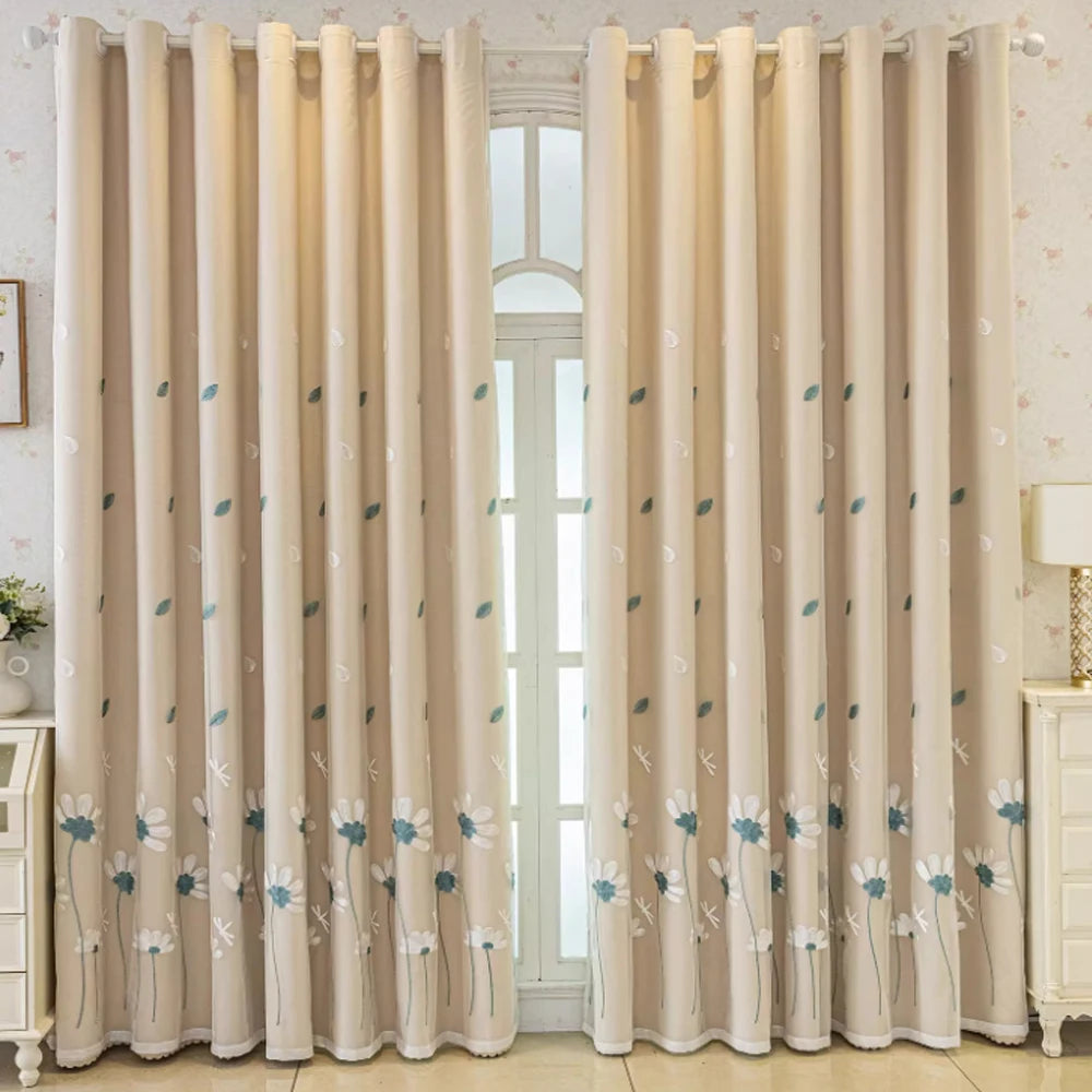 Rideau double épaisseur brodé beige en polyester pour salon et chambre