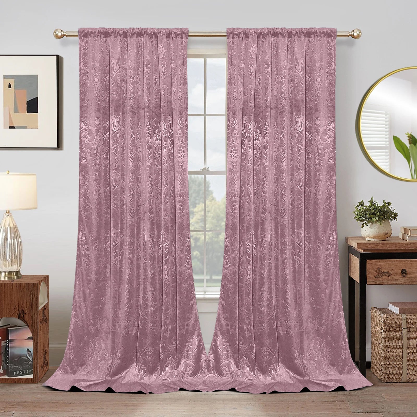 Rideaux occultants en velours à motifs floraux thermiques (2 panneaux)