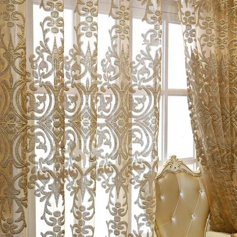 Rideau voilage brodé doré semi-transparent pour salon élégant