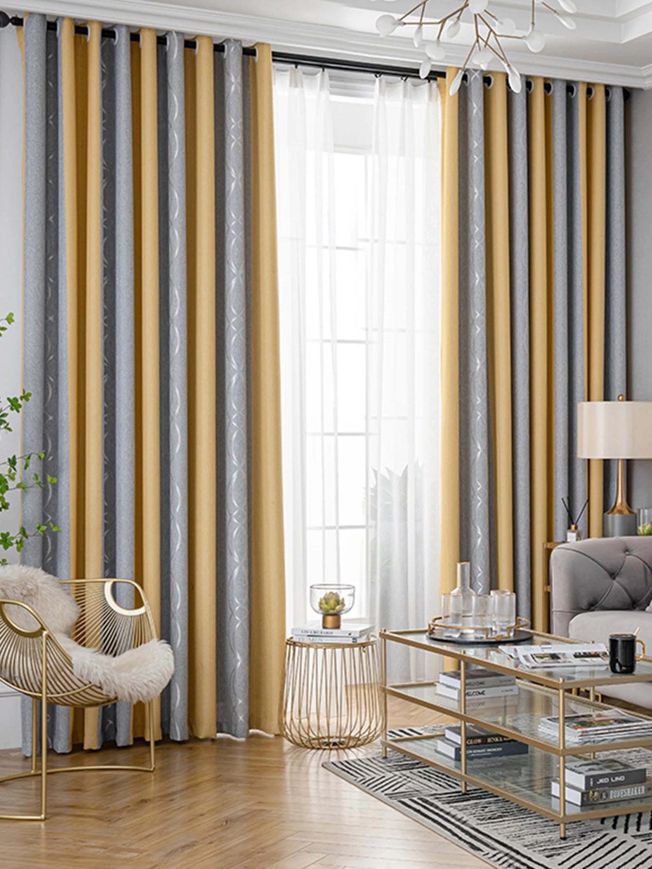 Rideaux jacquard rayés épais jaune et gris pour salon et chambre (2 panneaux)