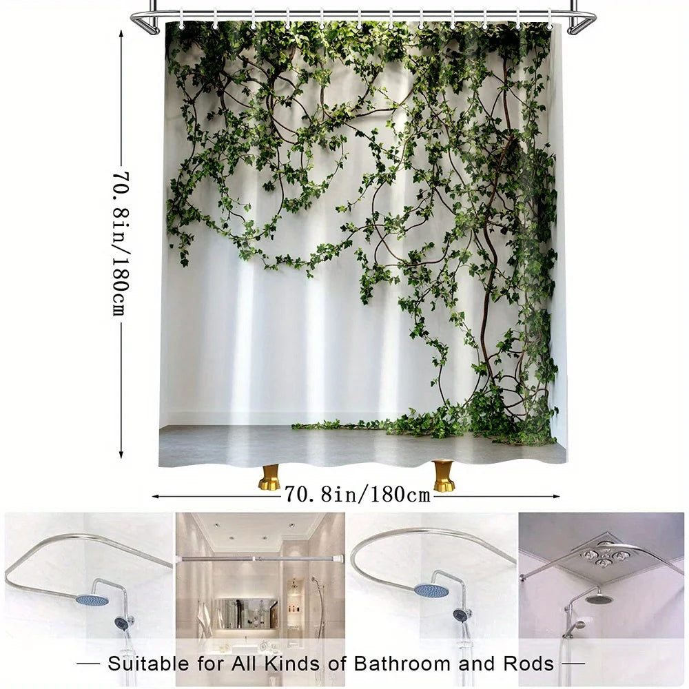 Rideau de douche feuillage vert en polyester imperméable pour salle de bain