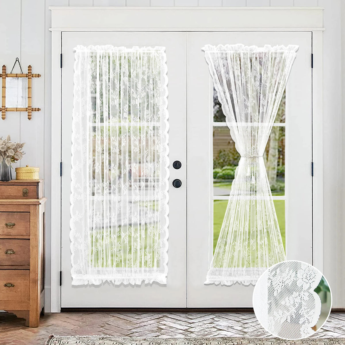 Rideau voilage porte fenêtre dentelle florale blanc tamisant, largeur moins de 100 cm