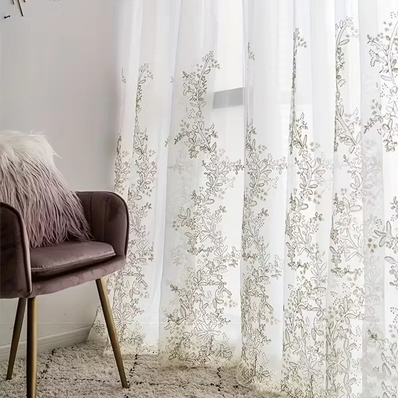 Voilage blanc brodé floral tamisant en polyester élégant, pose à velcro Image