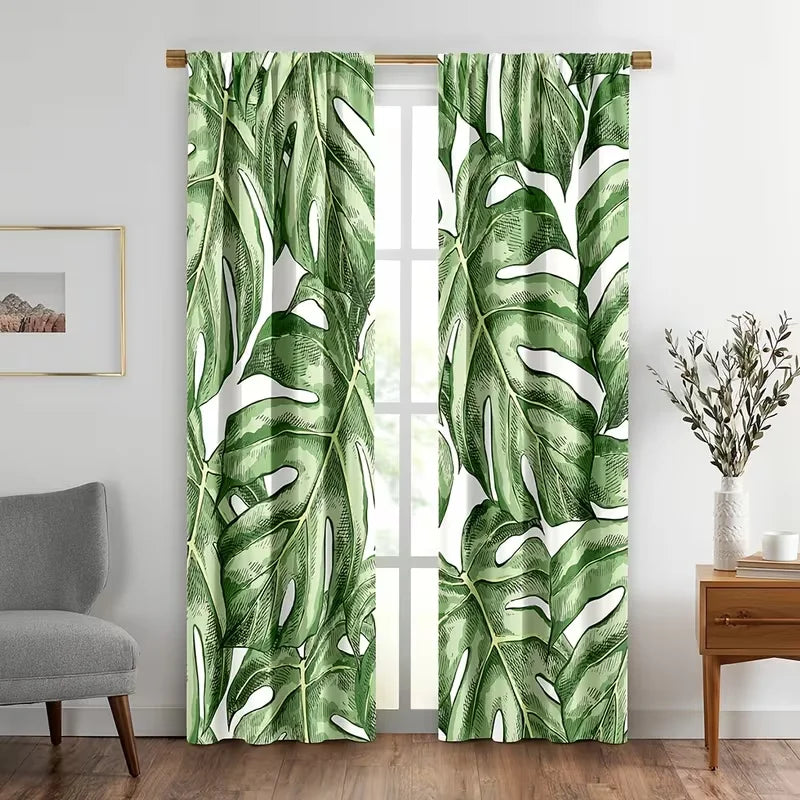 Rideaux voilage vert jungle motif monstera tamisants (2 panneaux), hauteur 160 à 199 cm