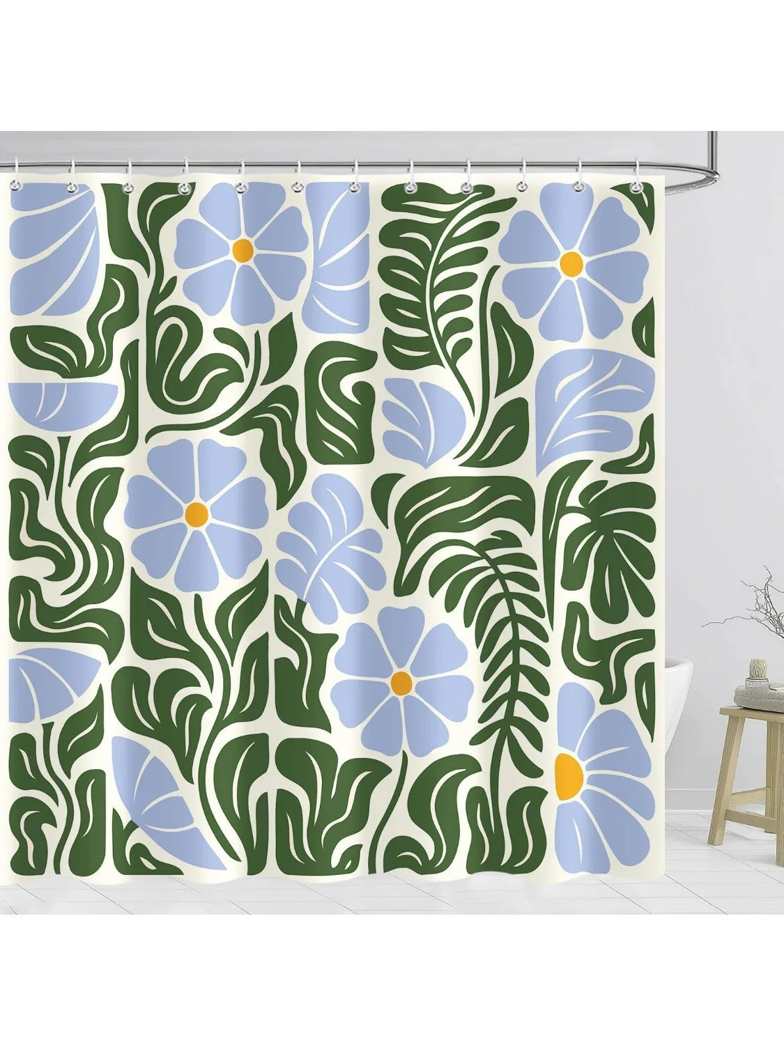 Rideau de douche polyester imperméable motif floral rétro bleu vert