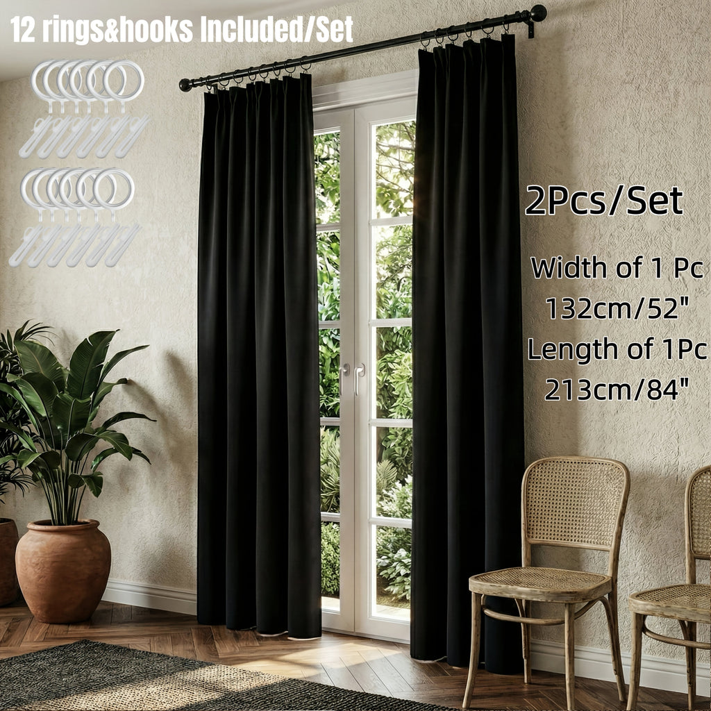 Rideaux occultants unis thermiques en polyester haute précision (2 pan, noir