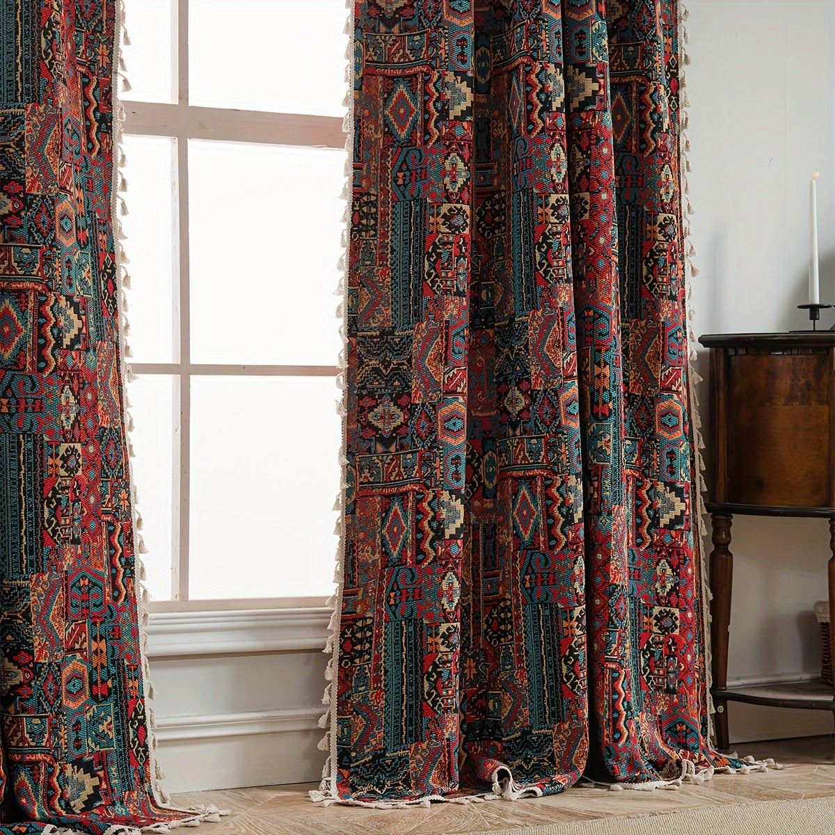 Rideau jacquard occultant vintage à motif géométrique en polyester