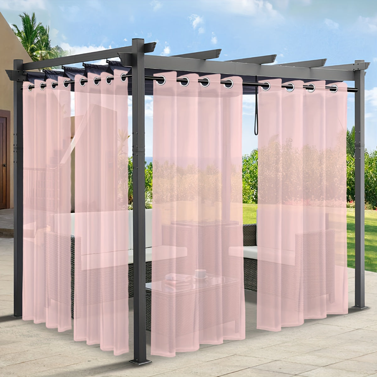 Rideaux voilage extérieur effet lin à œillets pour pergola (2 panneaux)