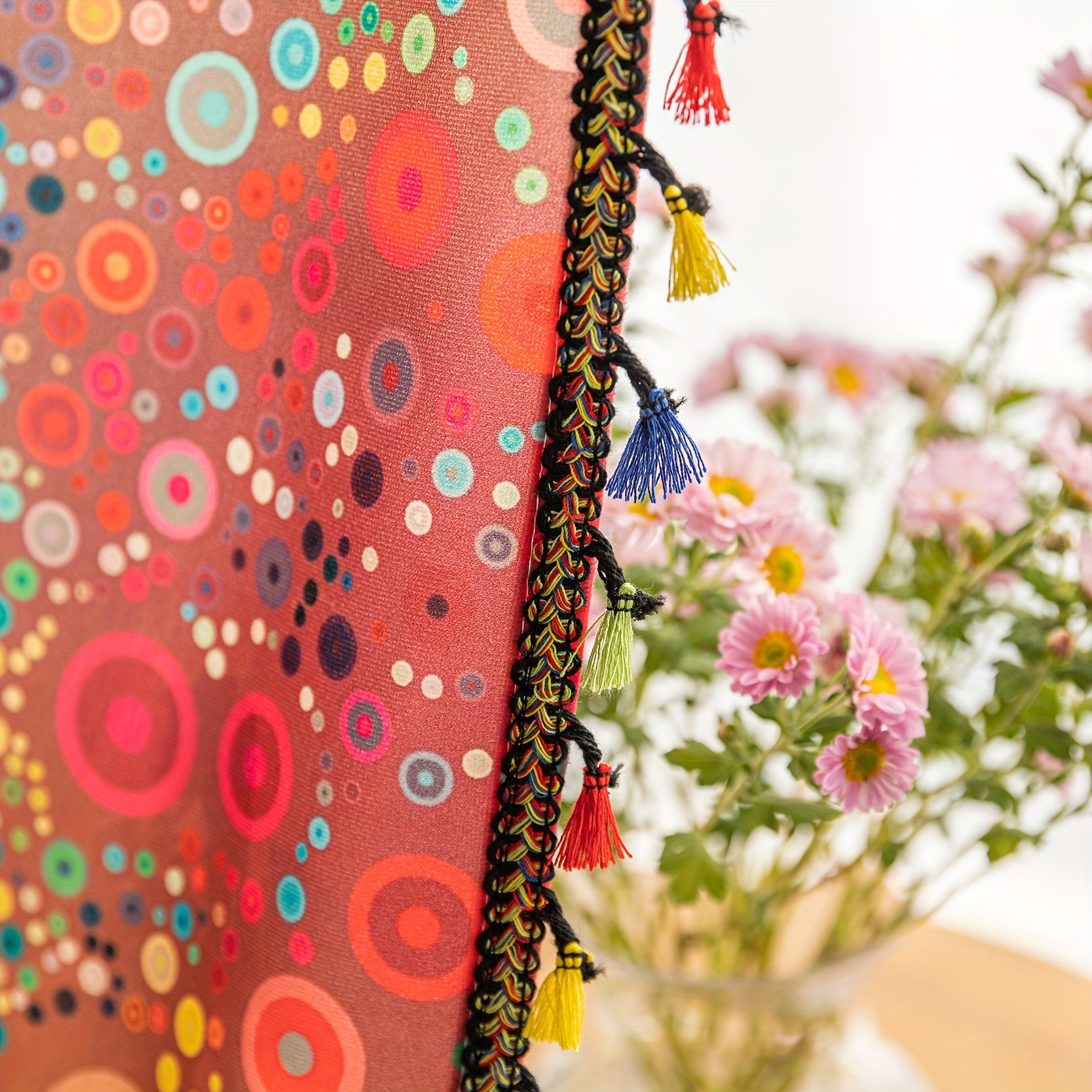 Rideaux bohèmes colorés à motifs mandala et pompons (2 panneaux)