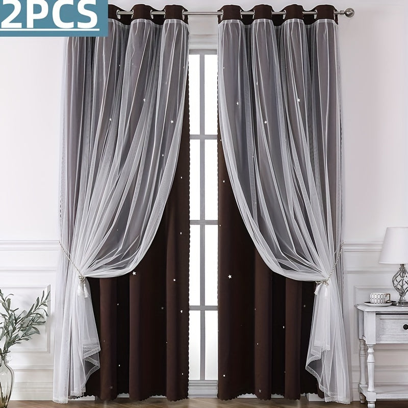 Rideaux occultants double couche avec voile étoilé en polyester pour chambre et salon