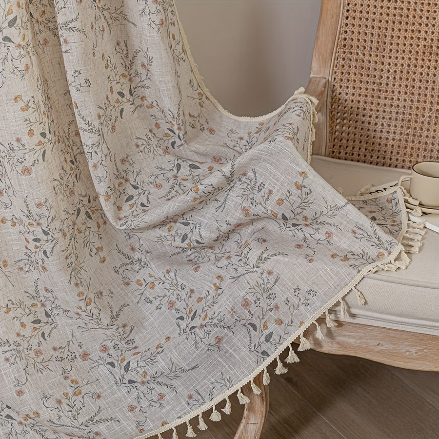 Rideau voilage fleuri style campagne chic avec pompons beige, hauteur 160 à 199 cm