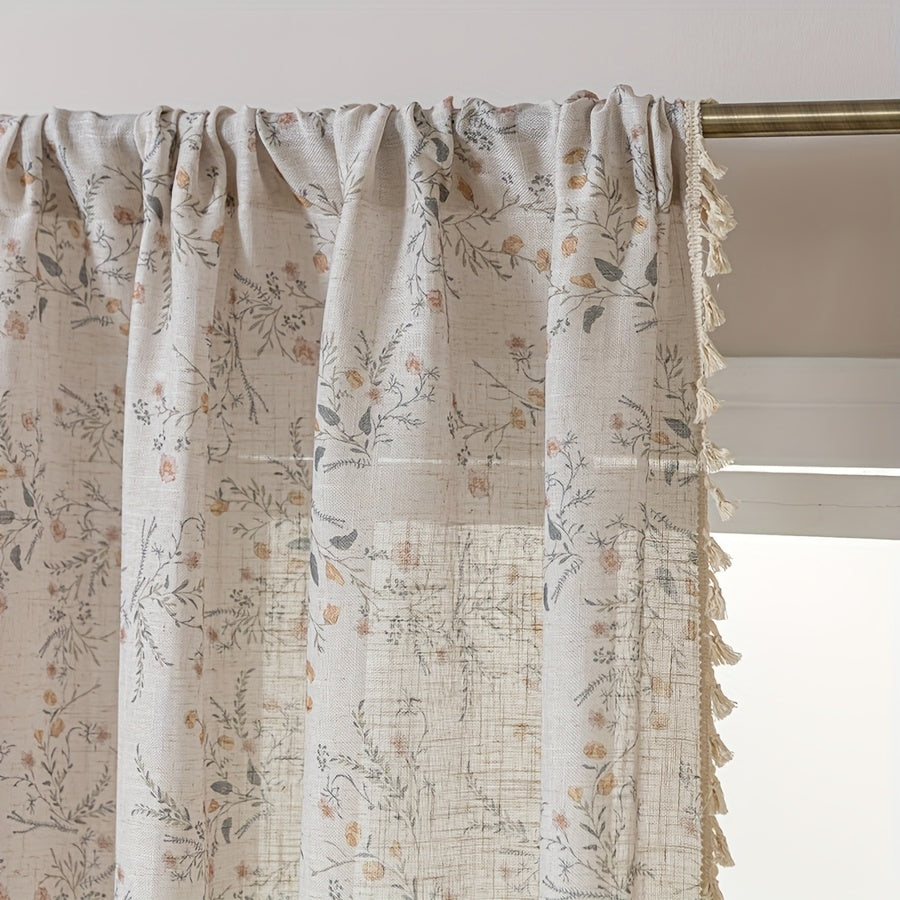 Rideau voilage fleuri style campagne chic avec pompons beige, hauteur moins de 160 cm