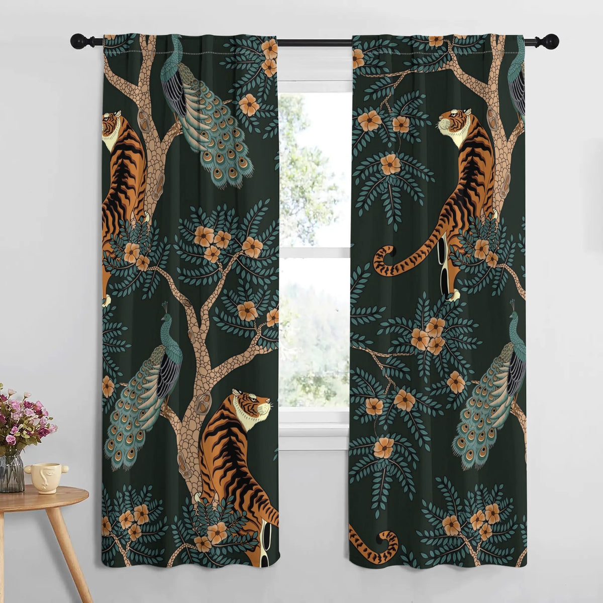 Rideaux occultants jungle vintage tigre et paon en polyester (2 pannea, largeur moins de 100 cm