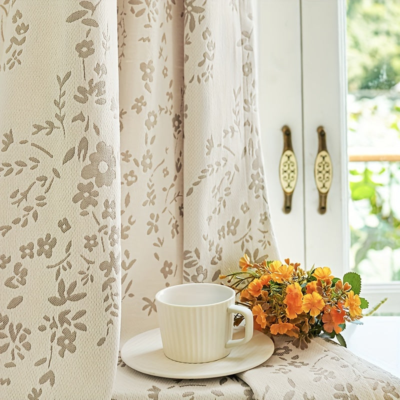 Rideau chenille jacquard crème à fleurs occultant 80 %, largeur 100 à 139 cm