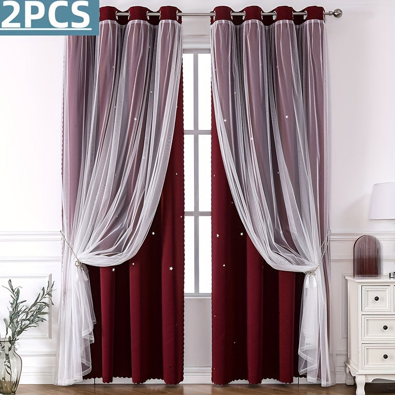 Rideaux occultants double couche avec voile étoilé en polyester, cramoisi