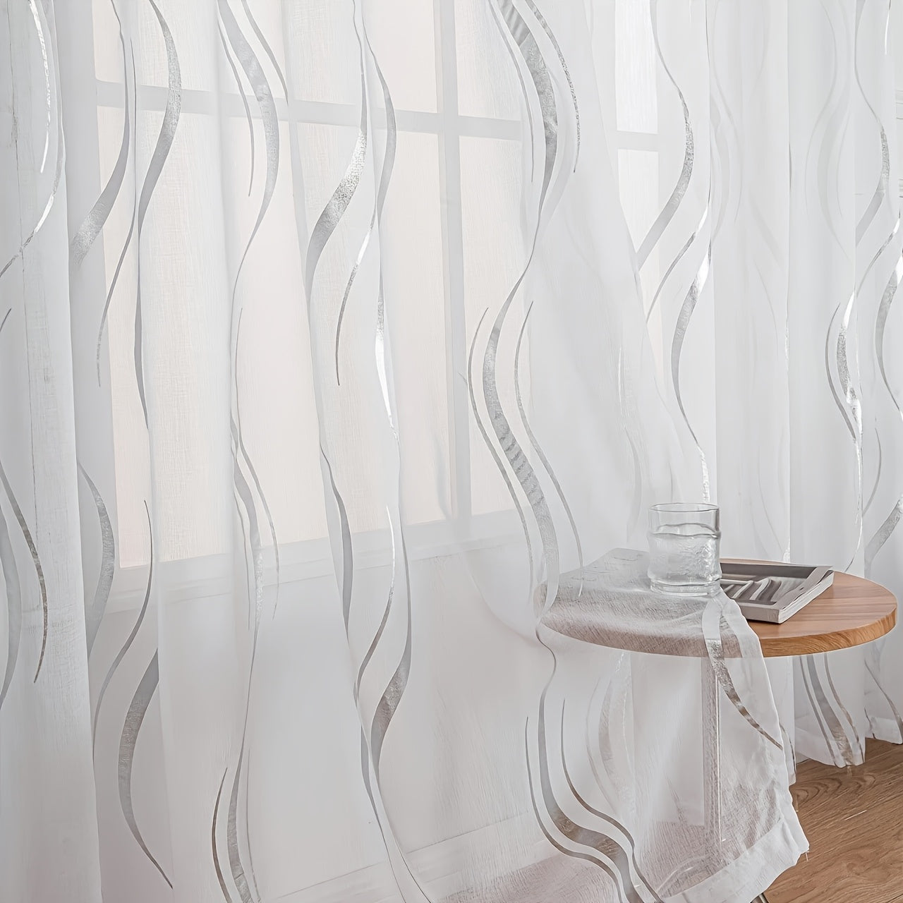 Rideau voile à motif vague doré semi-opaque pour salon et chambre (2 panneaux)