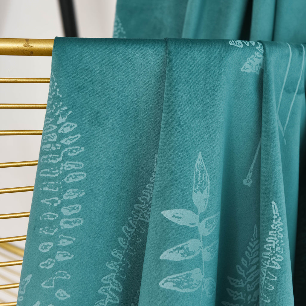 Rideau velours à œillets motif feuillage isolant thermique, bleu