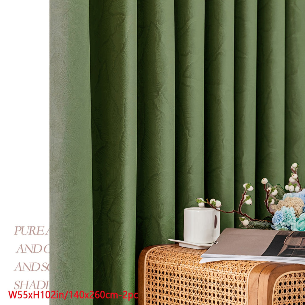 Rideaux occultants velours vert motif feuille, vert