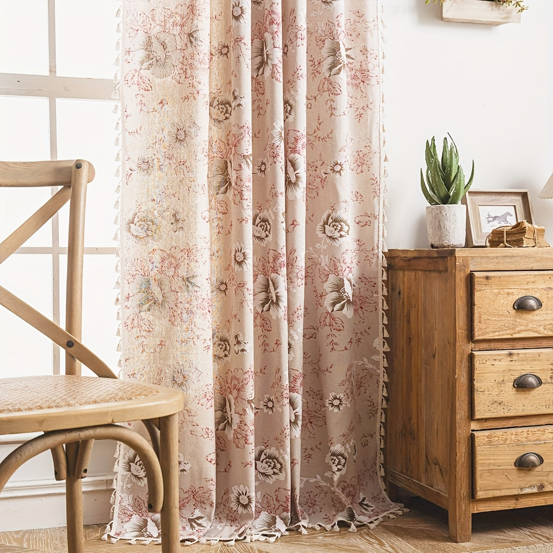 Rideau tamisant fleuri style vintage à pampilles, largeur 140 à 199 cm