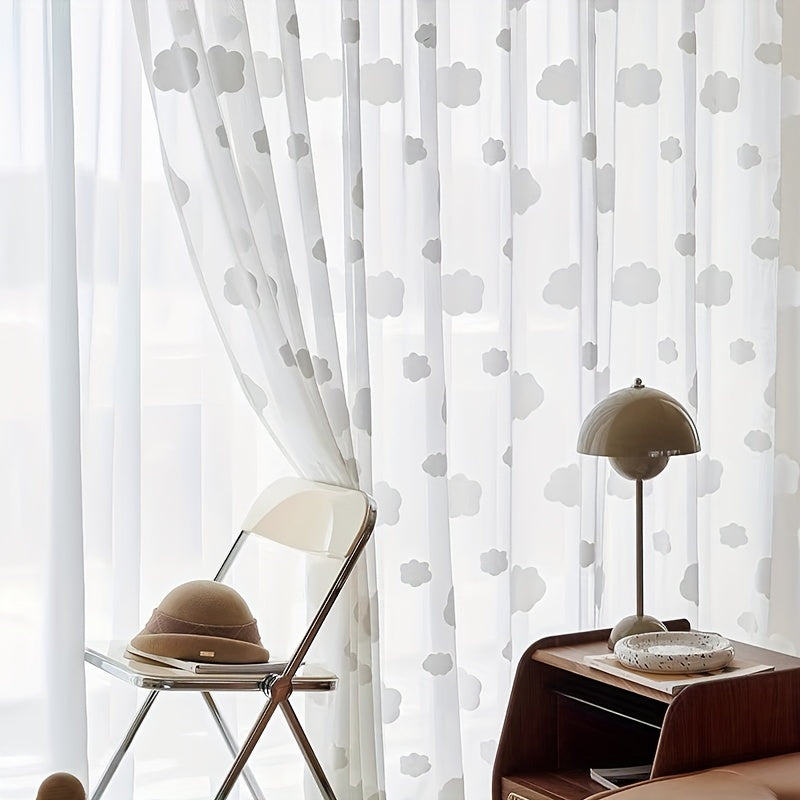 Rideau voilage blanc brodé nuages pour chambre et salon