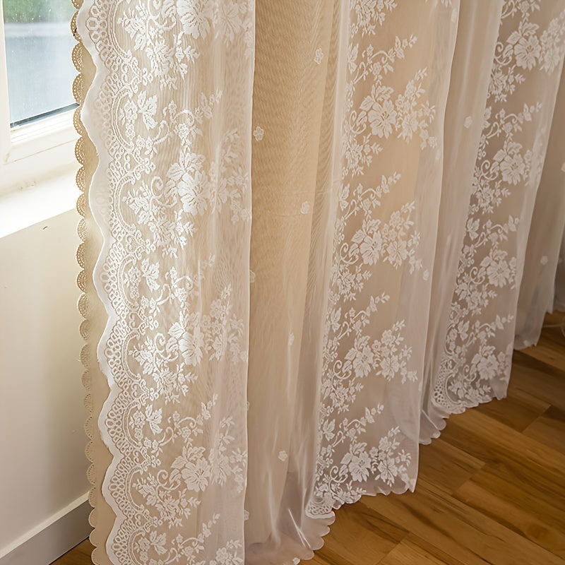 Rideau double épaisseur occultant en polyester beige avec voilage dentelle