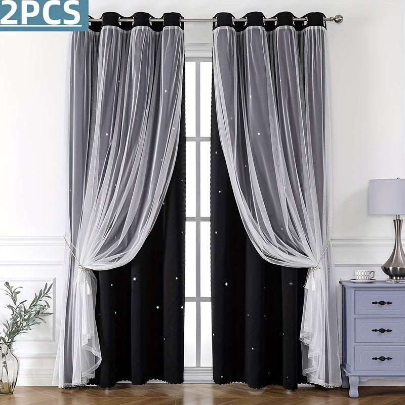 Rideaux occultants double couche avec voile étoilé en polyester pour chambre et salon
