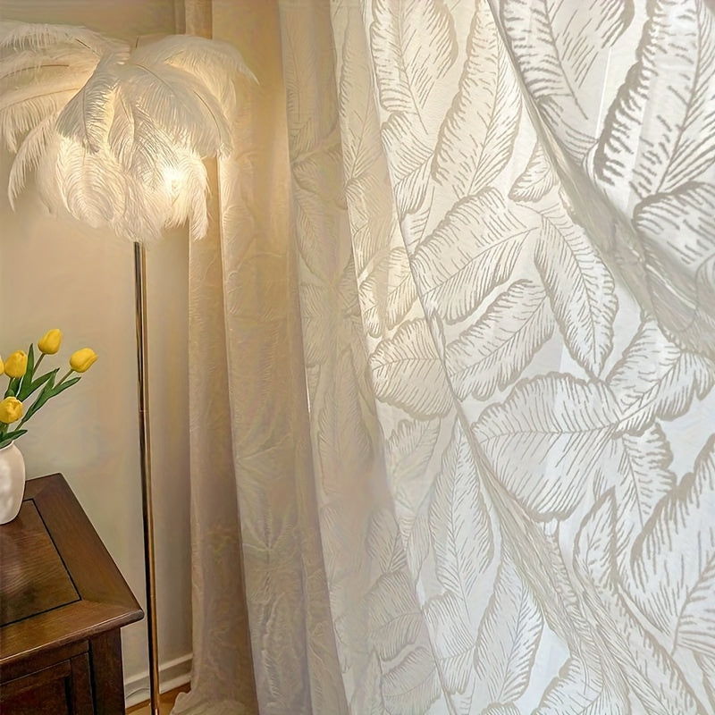 Rideau voilage velours beige brodé feuilles style rétro américain