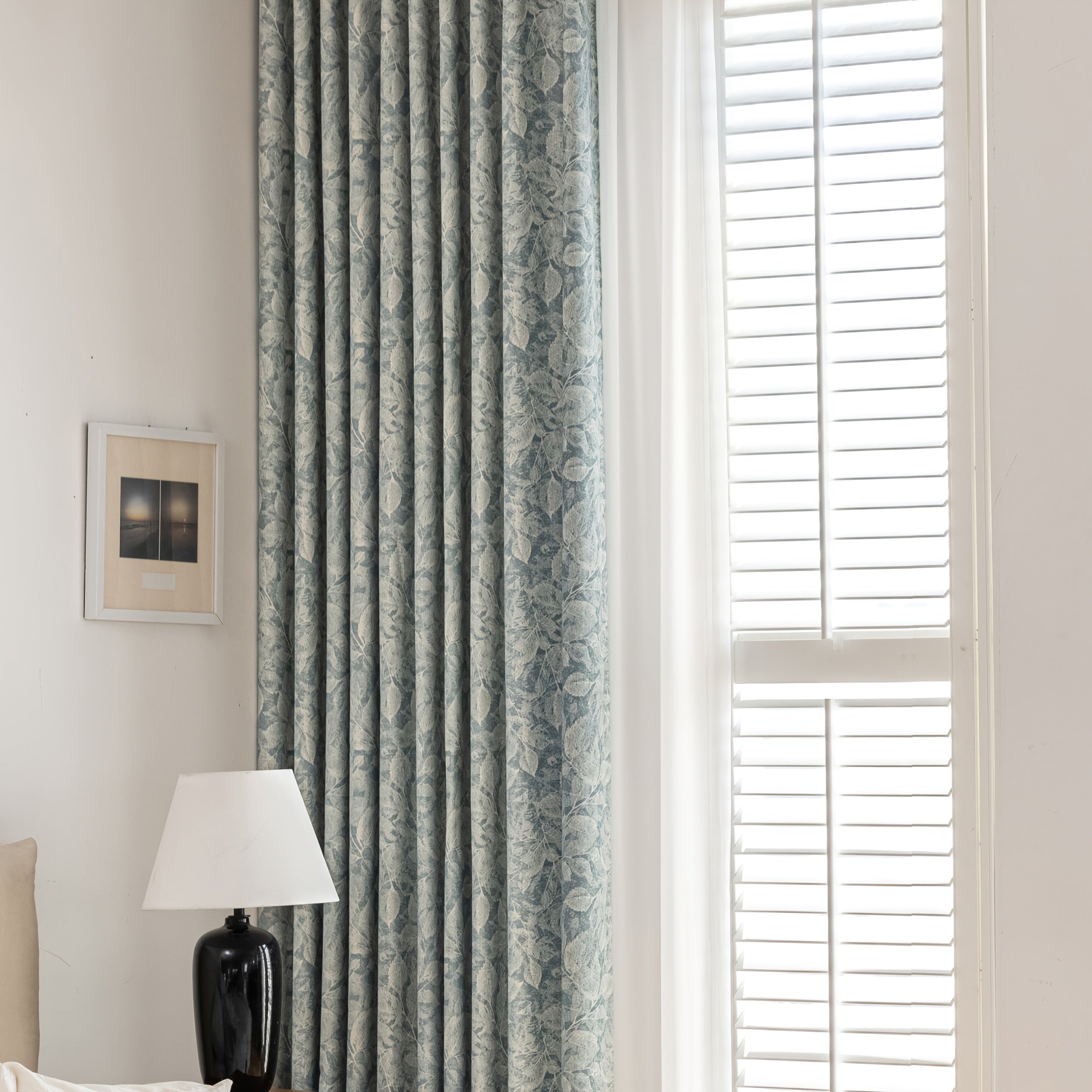 Rideau occultant jacquard chenille motif feuille bleu pour salon et chambre