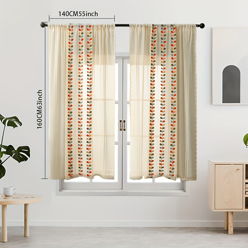 Rideaux voilage bohème dentelle brodée multicolore (2 panneaux), hauteur 240 à 269 cm