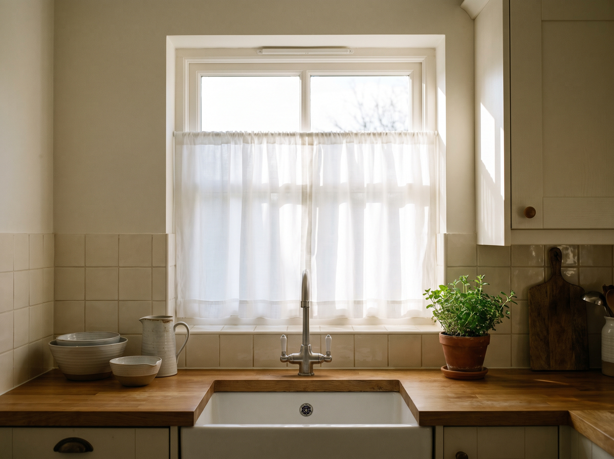 Petite fenêtre de cuisine habillée d'un brise-bise blanc Image