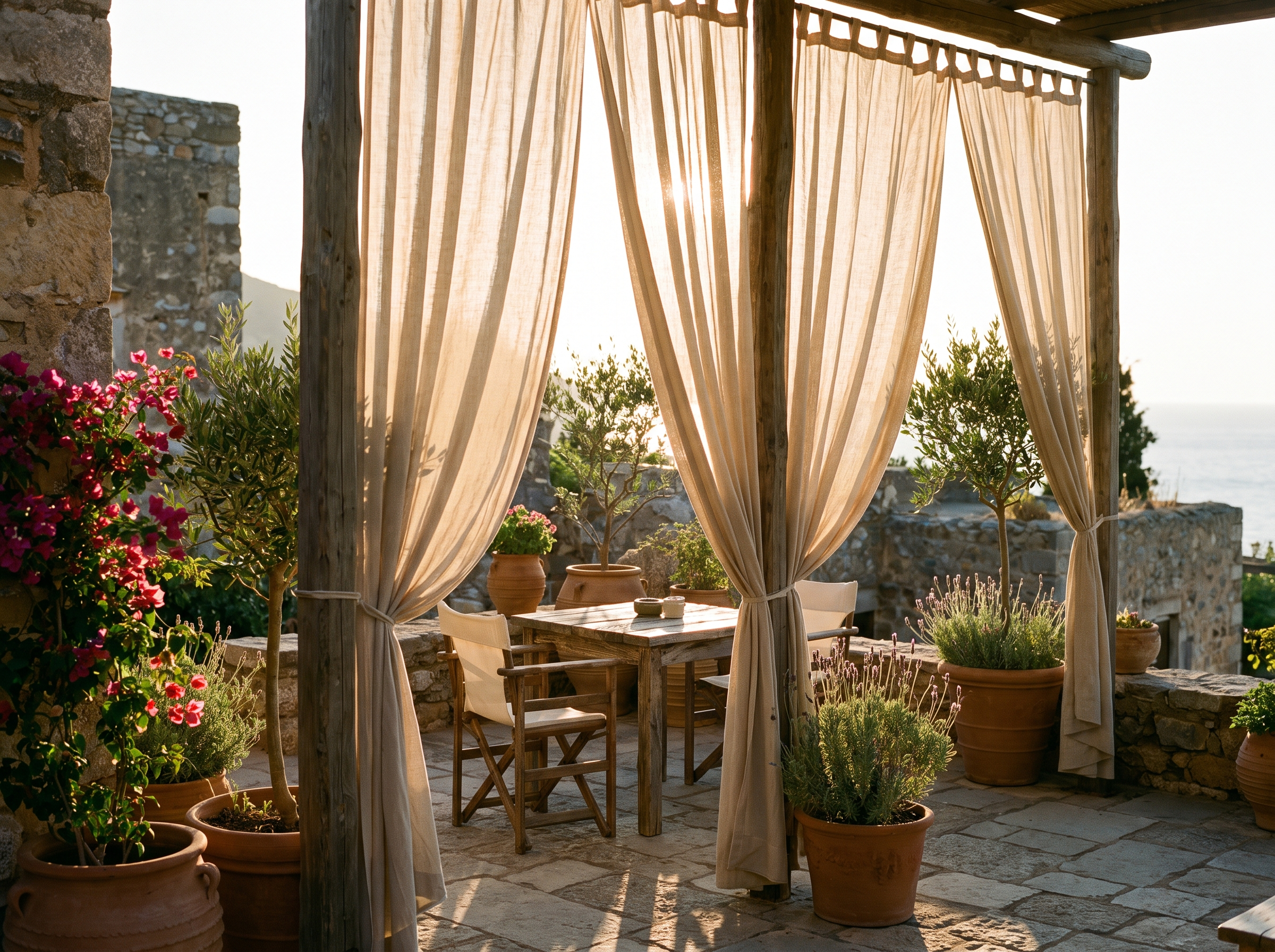 Terrasse ombragée par des rideaux d'extérieur en toile beige Image