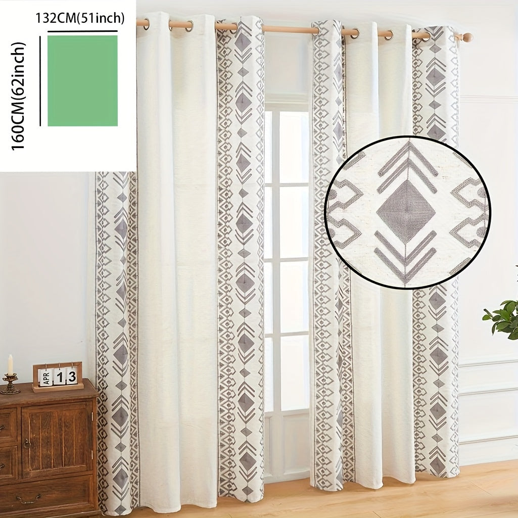 Rideau bohème semi-transparent à œillets motif géométrique losanges
