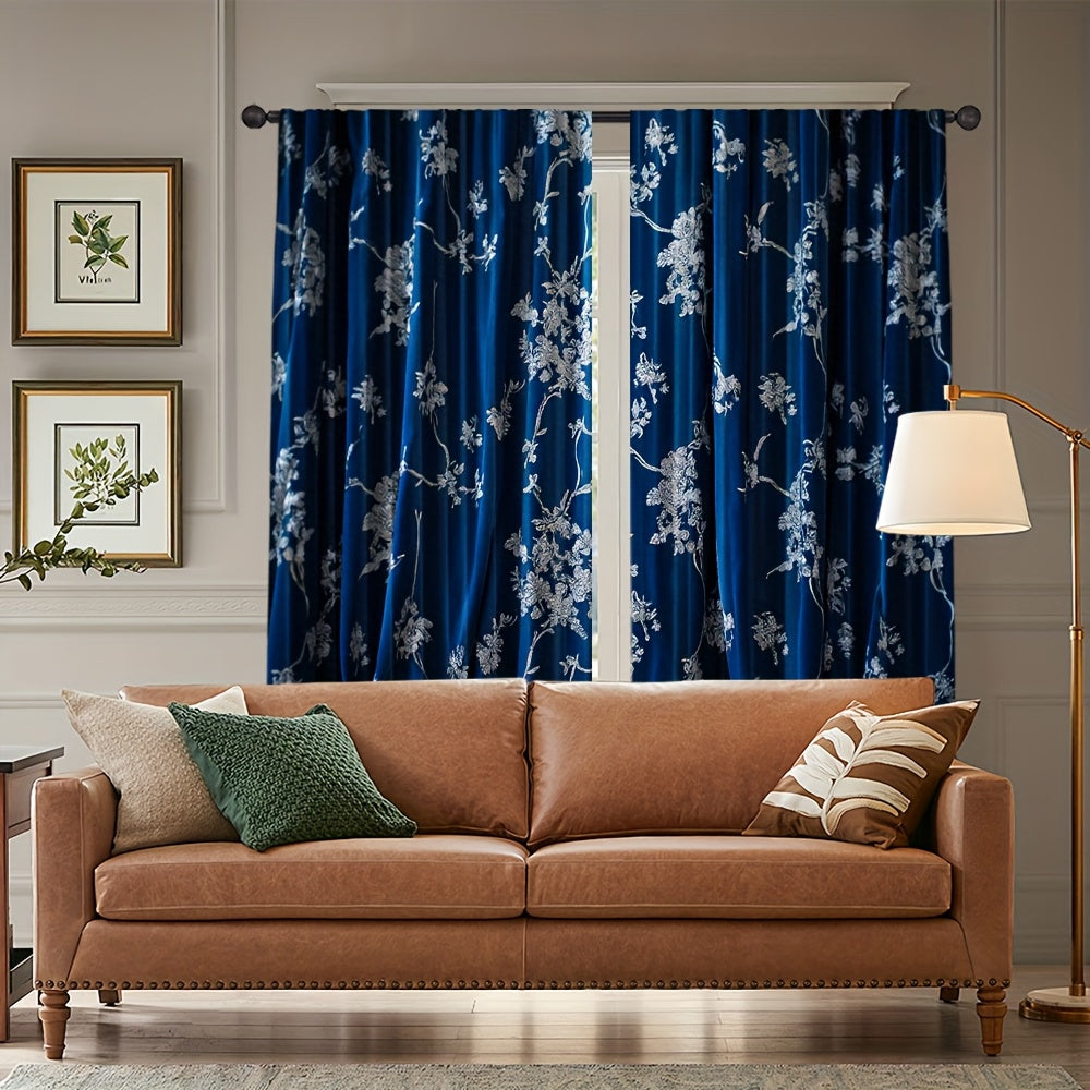 Rideaux tamisants bleu nuit à motifs floraux en polyester (2 panneaux)