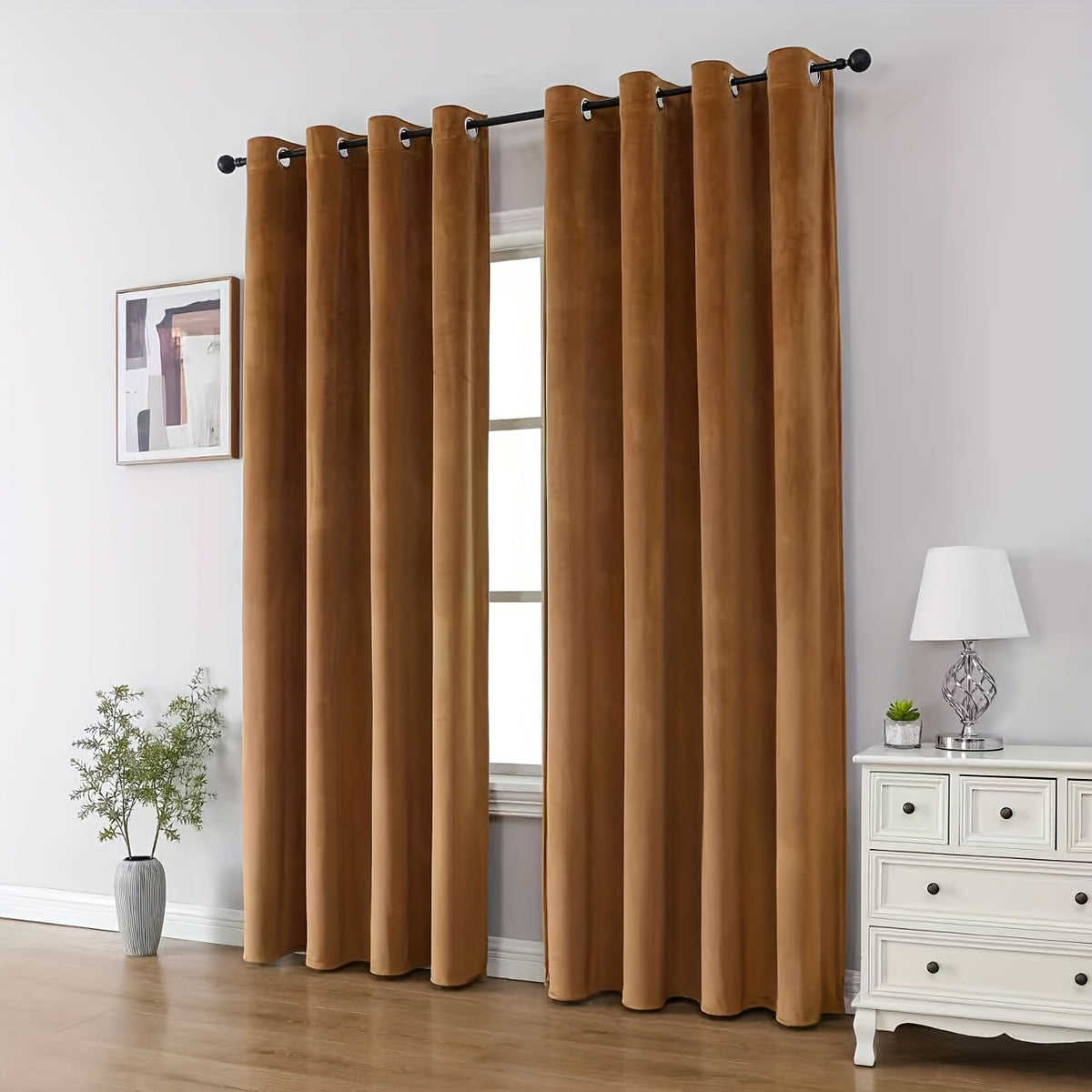 Rideaux occultants velours marron café en polyester (2 panneaux), largeur moins de 100 cm